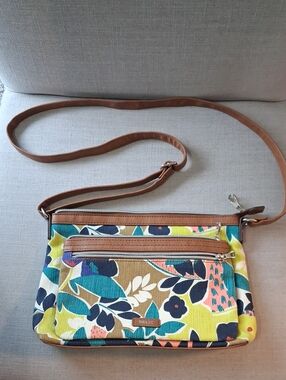 Relic Floral Canvas Crossbody in Teal, Navy, Yellow & Tan